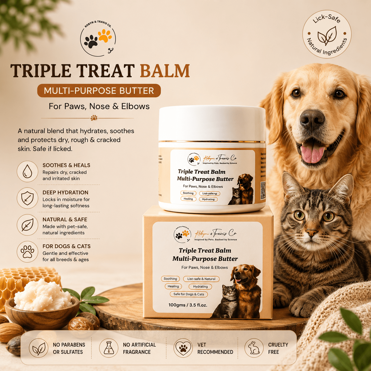 Triple Treat Balm — Dog & Cat Paw, Nose & Elbow Butter (Shea, Almond & Beeswax)