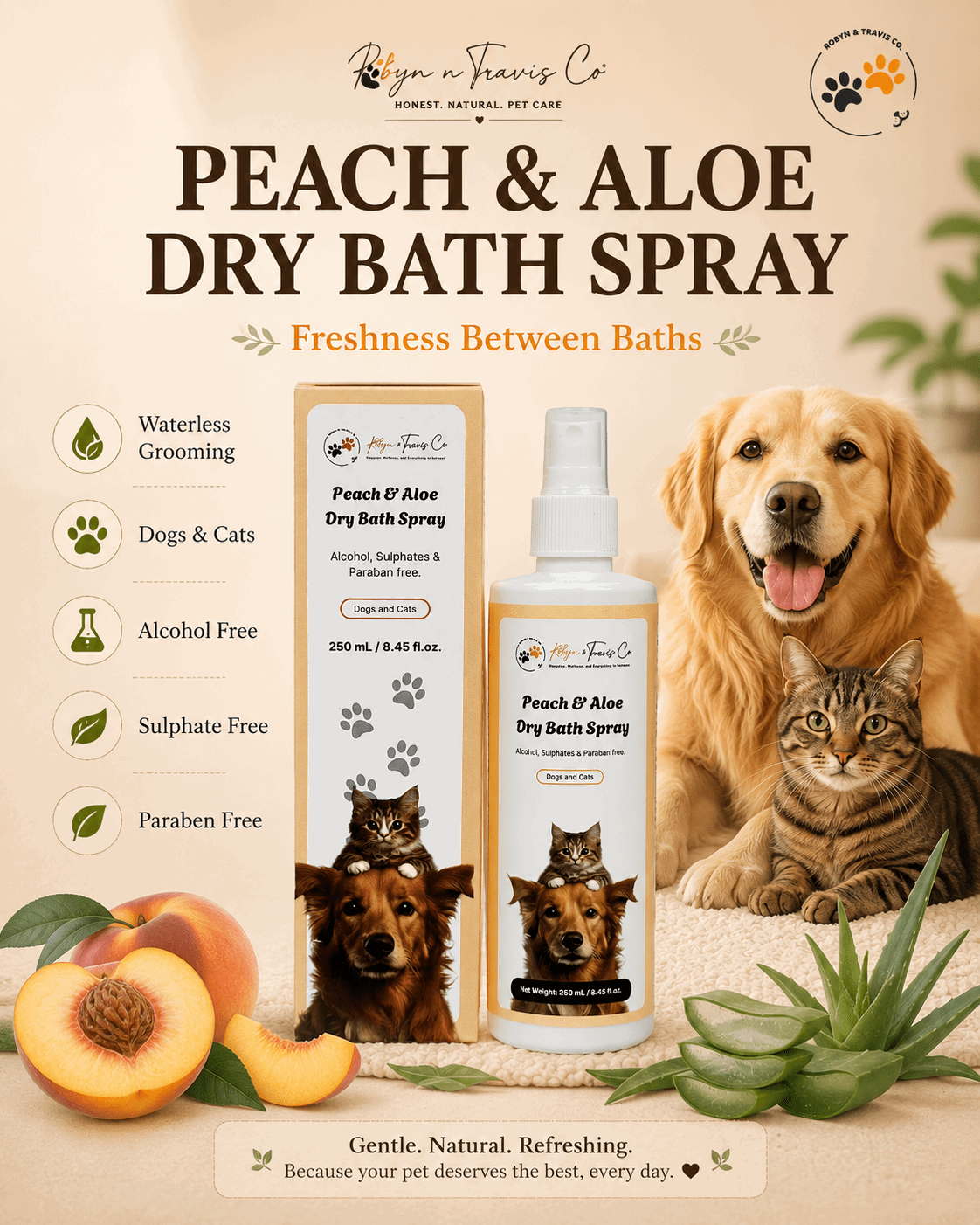 Peach & Aloe Dry Bath Spray — Waterless No-Rinse Dog & Cat Wash