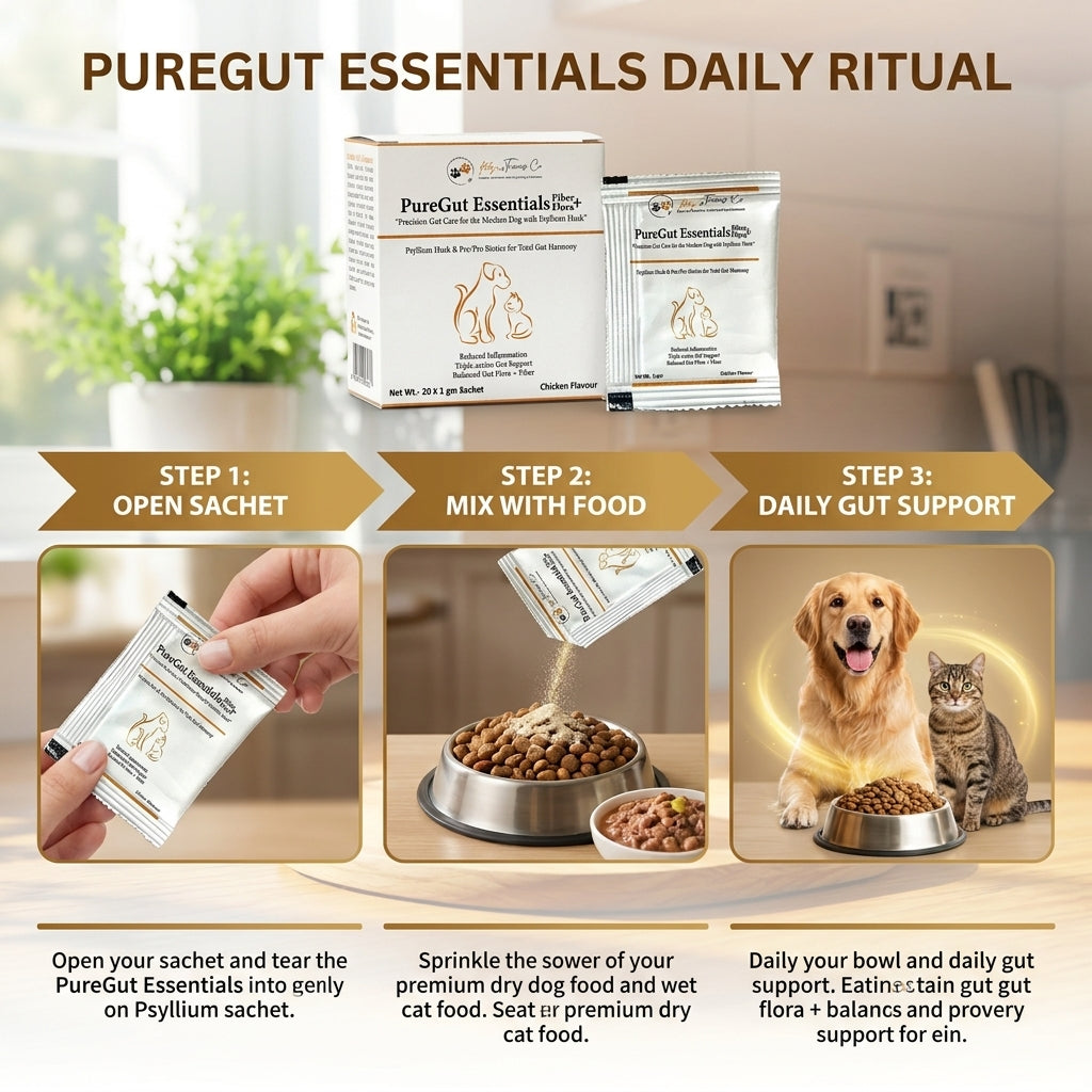 Pure Gut Essentials supplement dosage and usage instructions for dogs cats