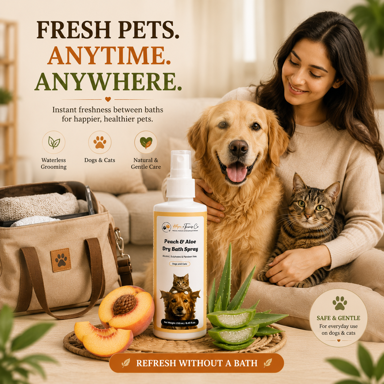 Peach & Aloe Dry Bath Spray (No-Rinse Grooming for Fresh, Clean & Healthy Coat)