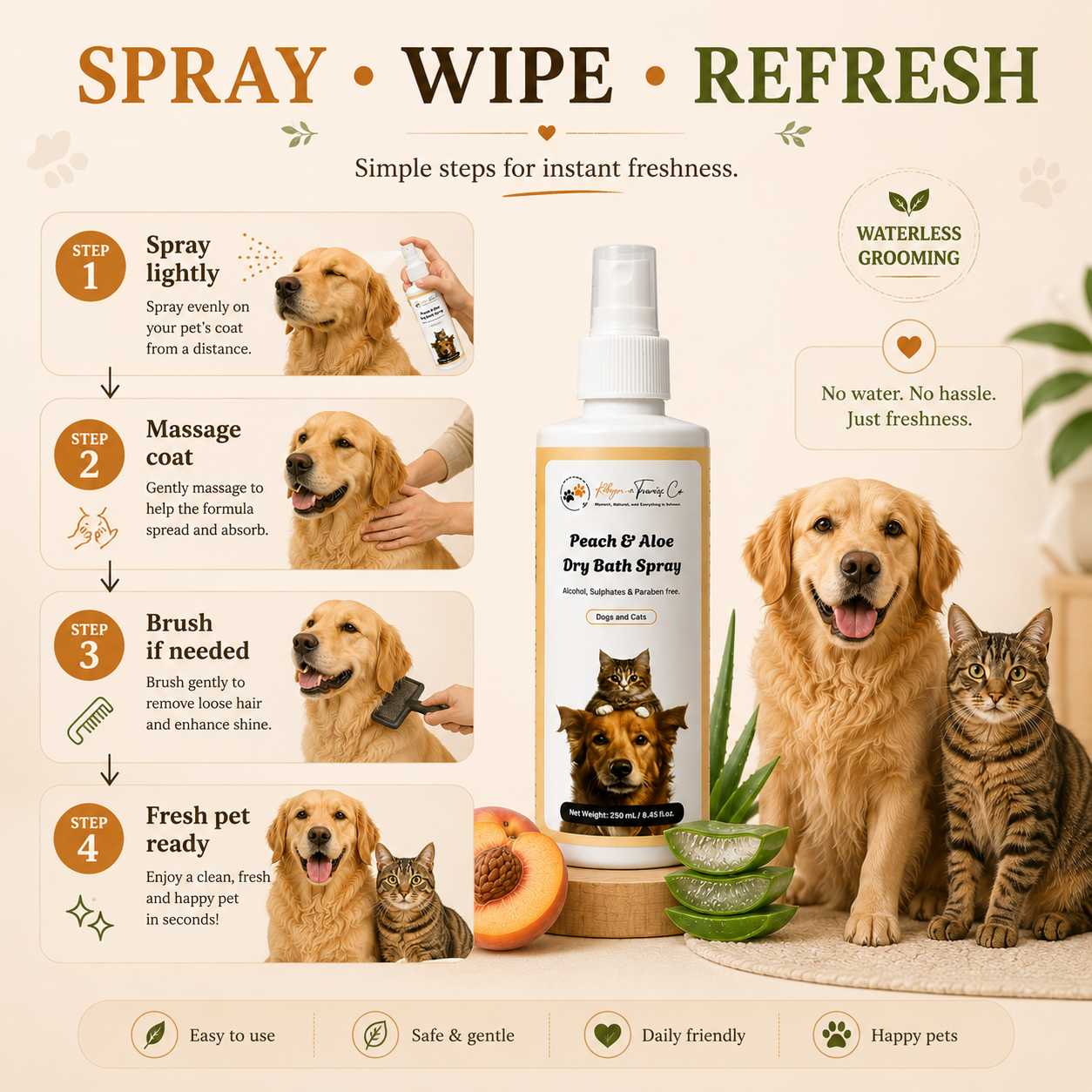 Peach & Aloe Dry Bath Spray (No-Rinse Grooming for Fresh, Clean & Healthy Coat)