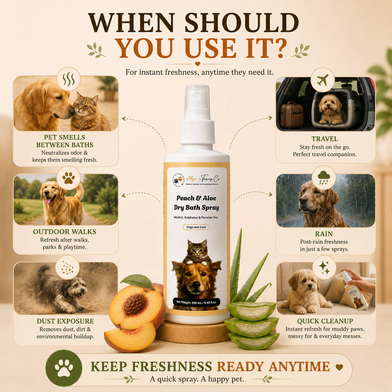 Peach & Aloe Dry Bath Spray (No-Rinse Grooming for Fresh, Clean & Healthy Coat)