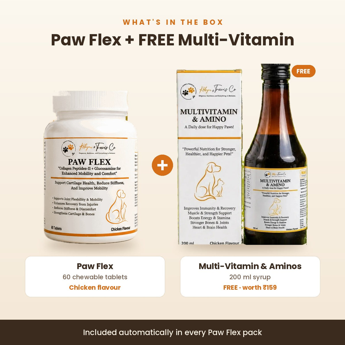 What's in the box: Paw Flex, 60 chewable tablets, plus a free Multi-Vitamin & Aminos 200 ml syrup
